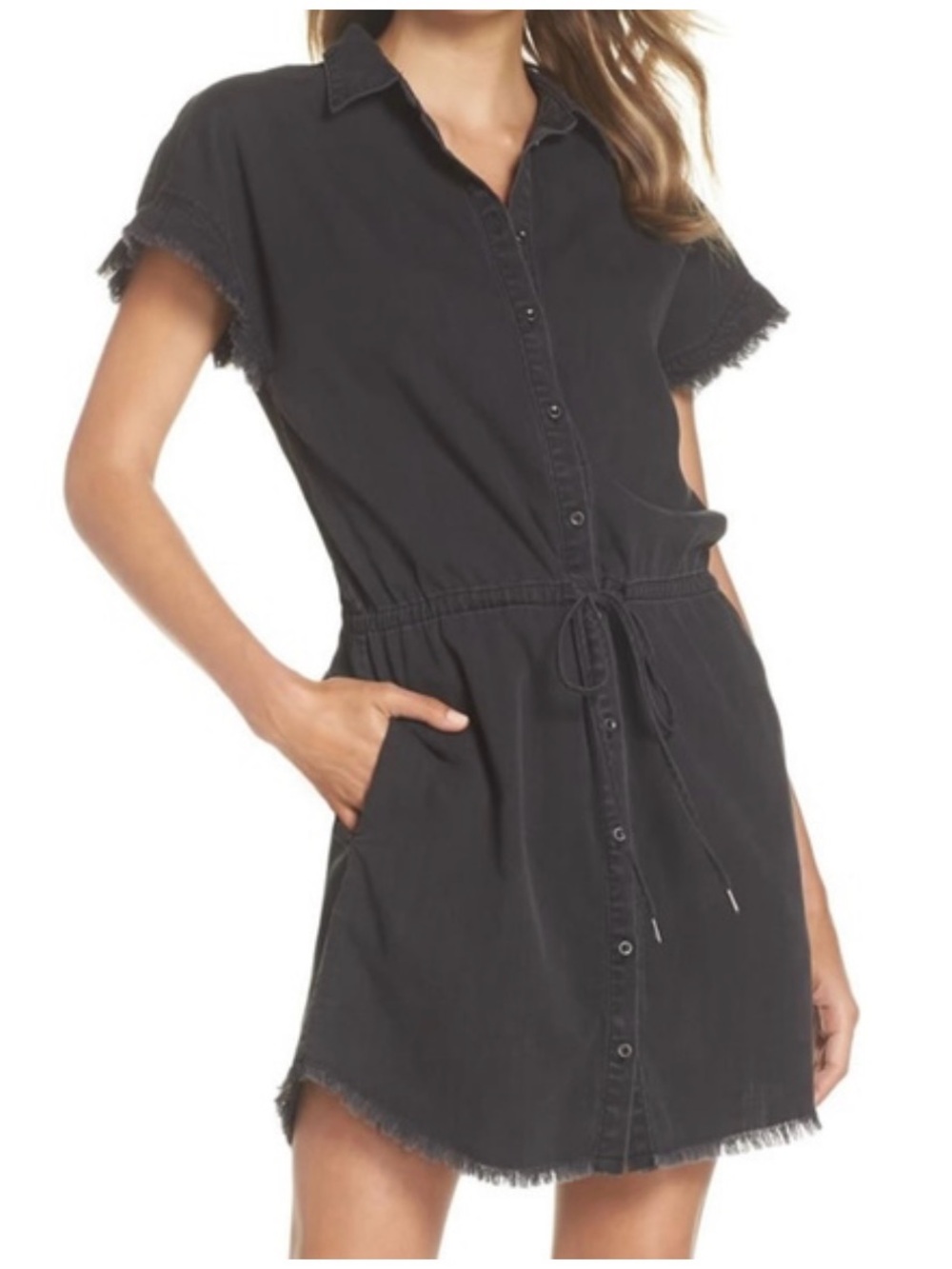 PAIGE Black Jaylin Frayed Denim Shirt Dress